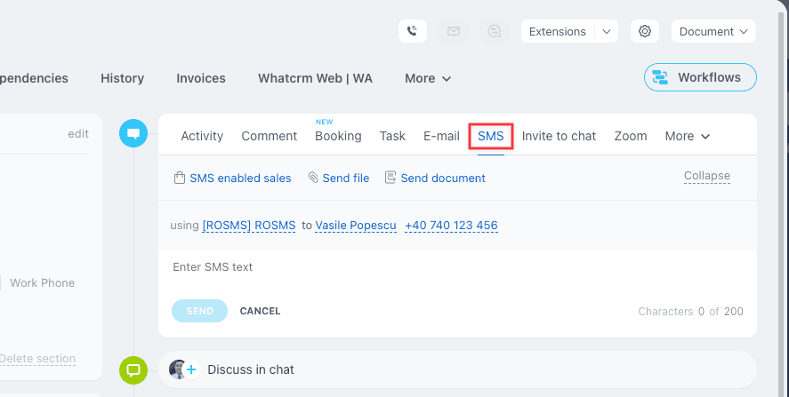Trimitere SMS din cartela Bitrix24