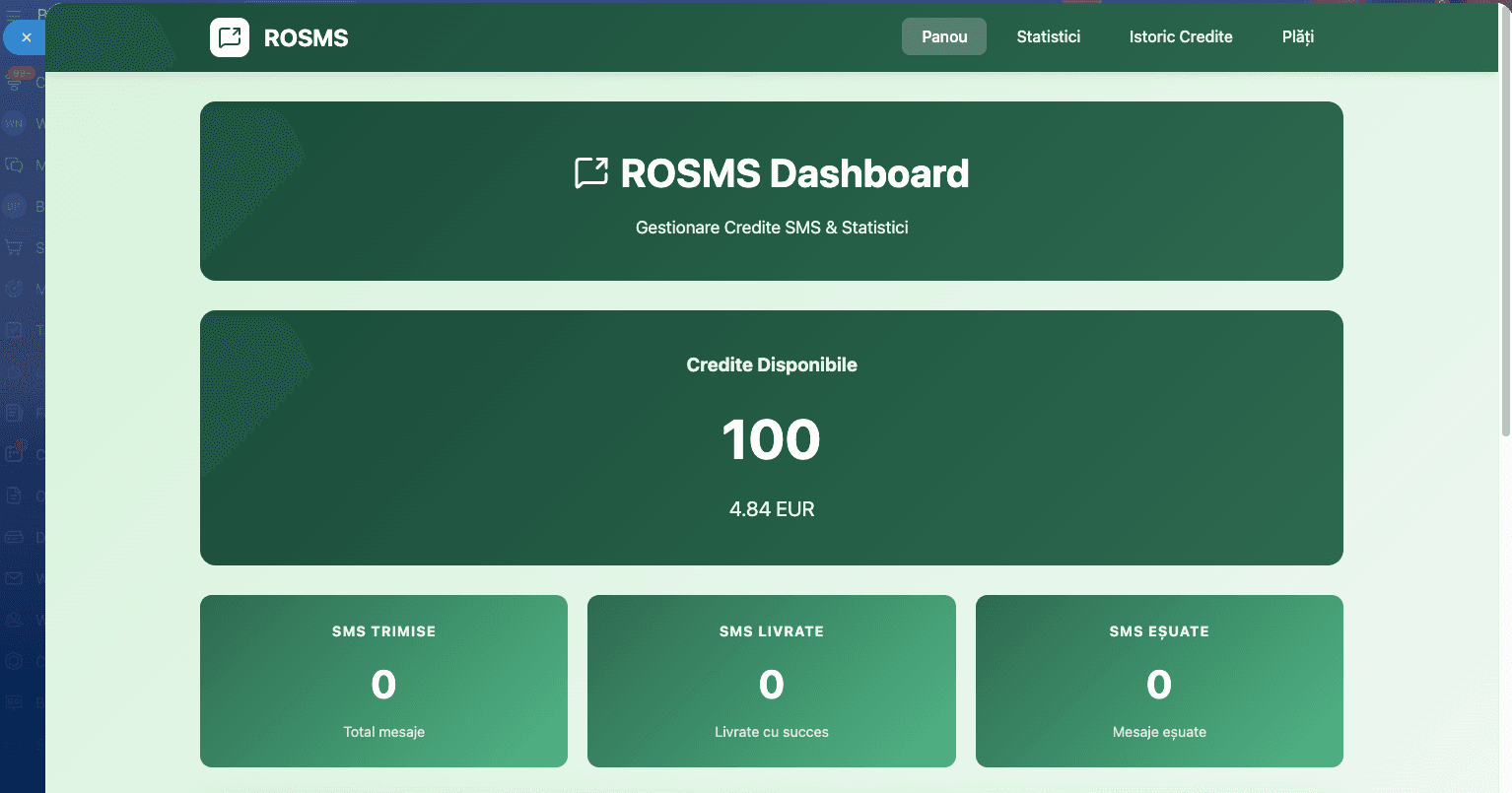 Panou de control credite SMS ROSMS